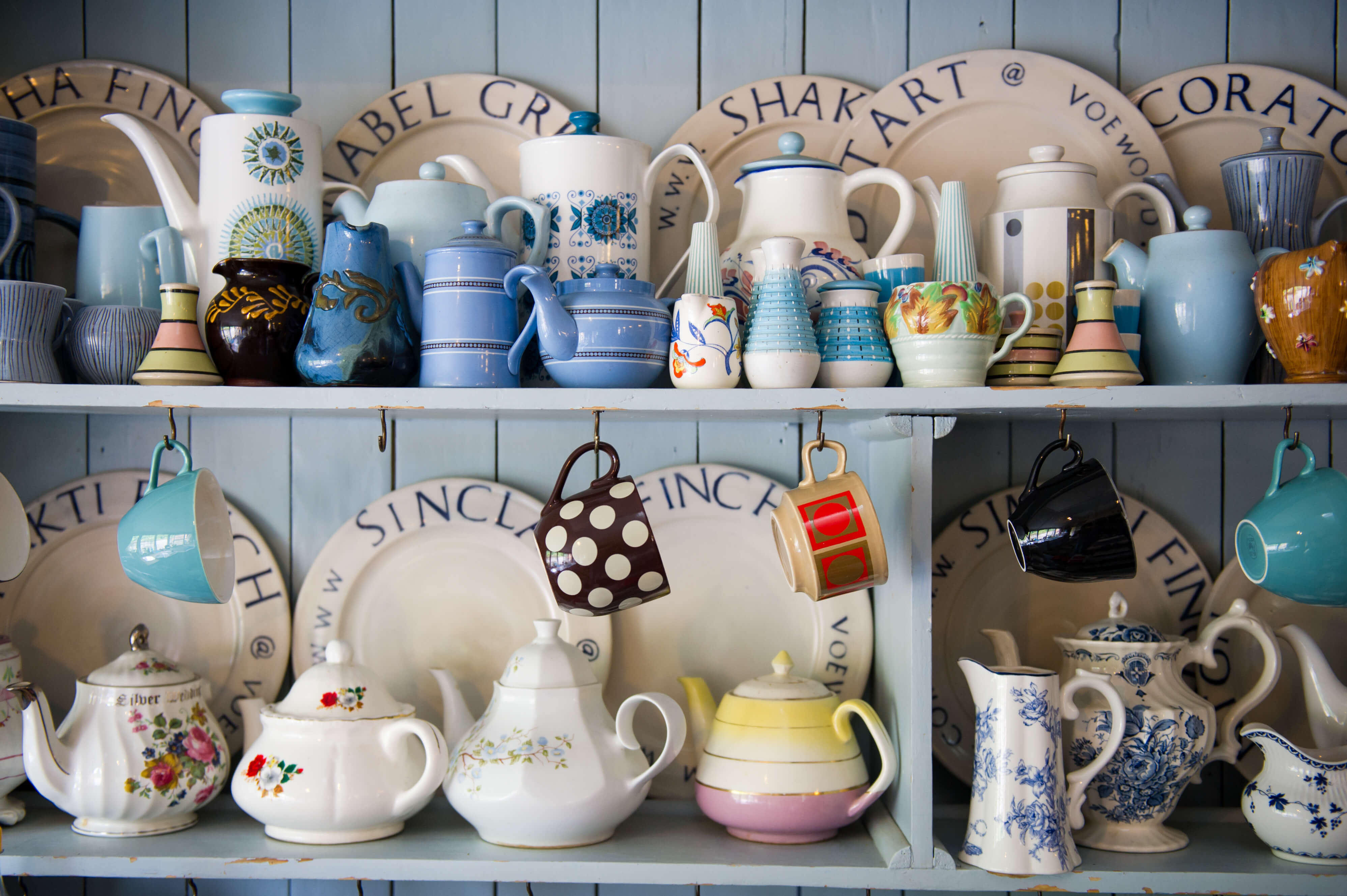 Teapots on the shelf at Voewood in Norfolk